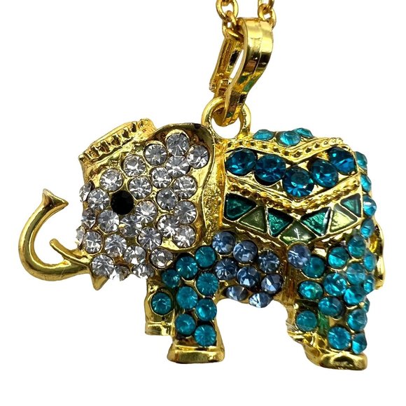 Elephant Rhinestone ELEPHANT Multi Colored Blue Pendant Necklace 27" - Picture 4 of 11